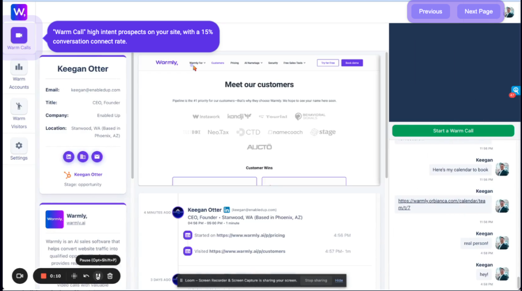 Warmly.ai dashboard showing warm leads scored and prospected using AI